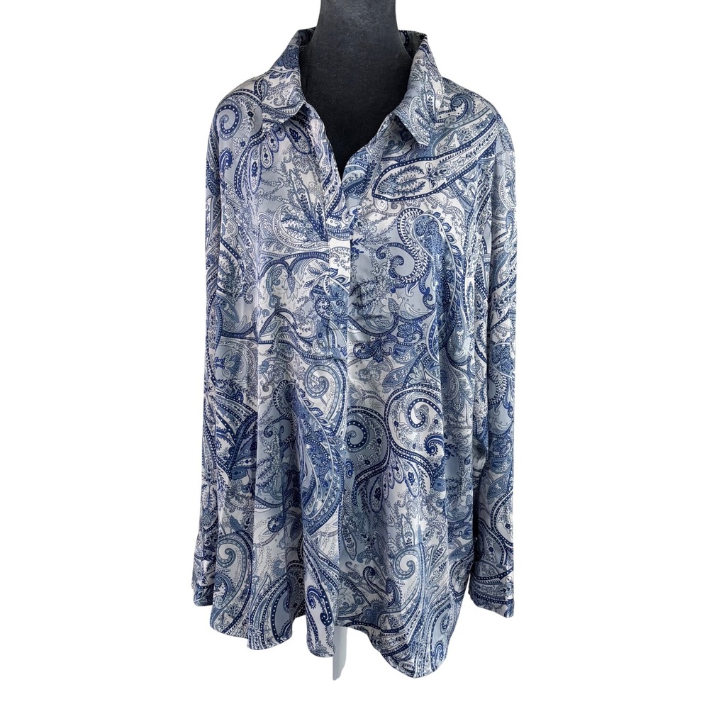 Joie 3X Blue White Paisley Print Partial Placket Long Sleeve‎ Blouse Top Women's
